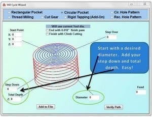 One of many Cycle Wizards On this window, create a circular pocket without using CAD and CAM software.