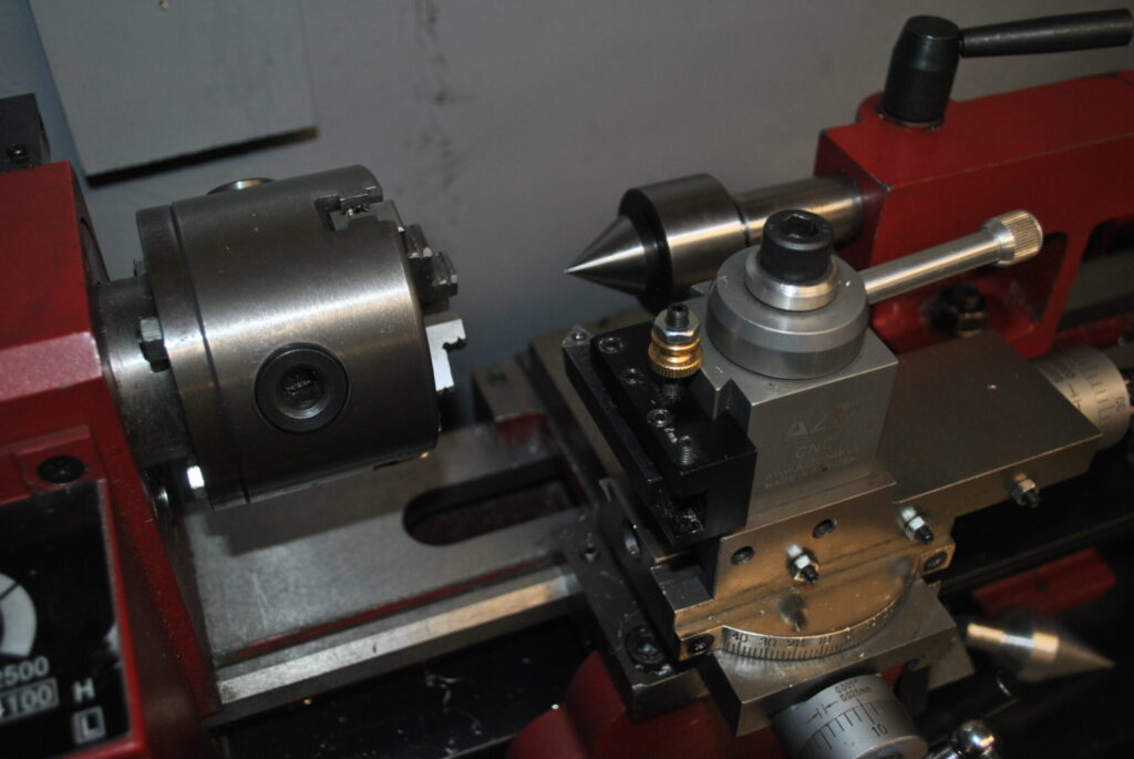 detailed closeup view of a mini lathe machine