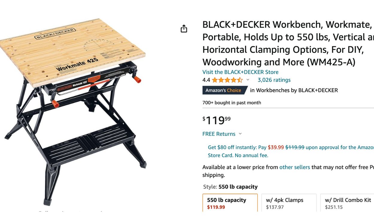 BLACK+DECKER Workbench, Workmate, Portable, Holds Up to 550