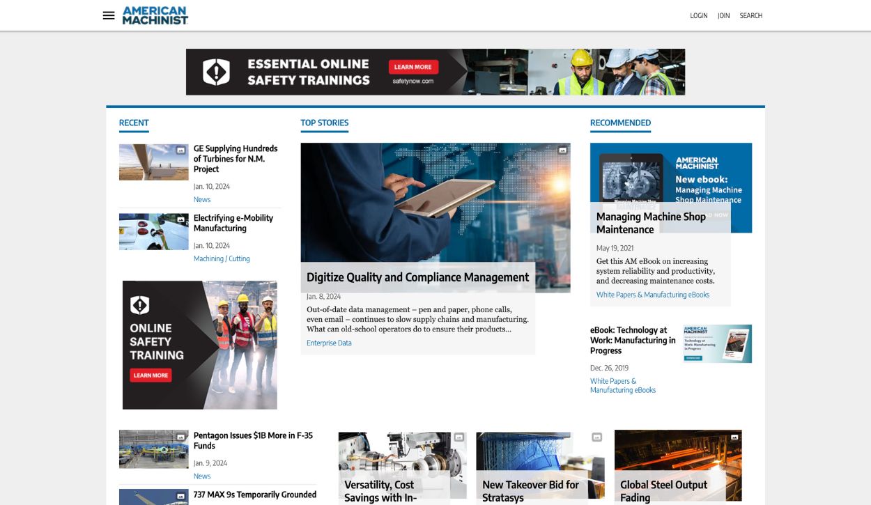 Screenshot of the American Machinist homepage