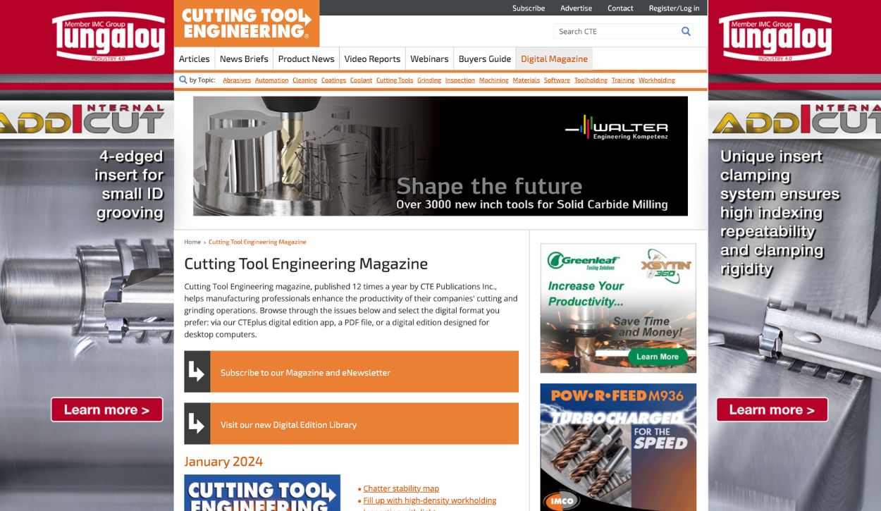 Screenshot of the Cutting Tool Engineering magazine website